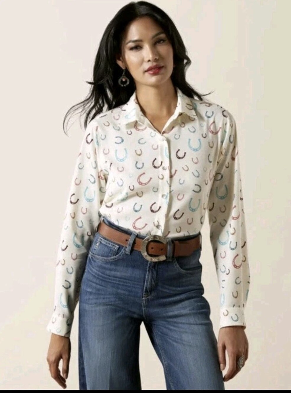 Ariat Cream Horseshoe Motif Long Sleeve Button Western Shirt Size Large NWT
